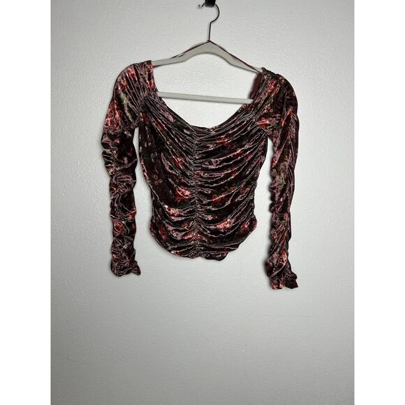 Free People Reina Top Floral Velvet Brown Ruched Boho Date Night Size Small - Picture 1 of 6